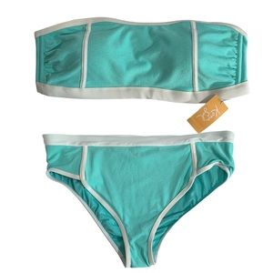 Kona Sol Womens 2 Piece Terry Textured Bikini Set High Waist Turquoise Size 2X
